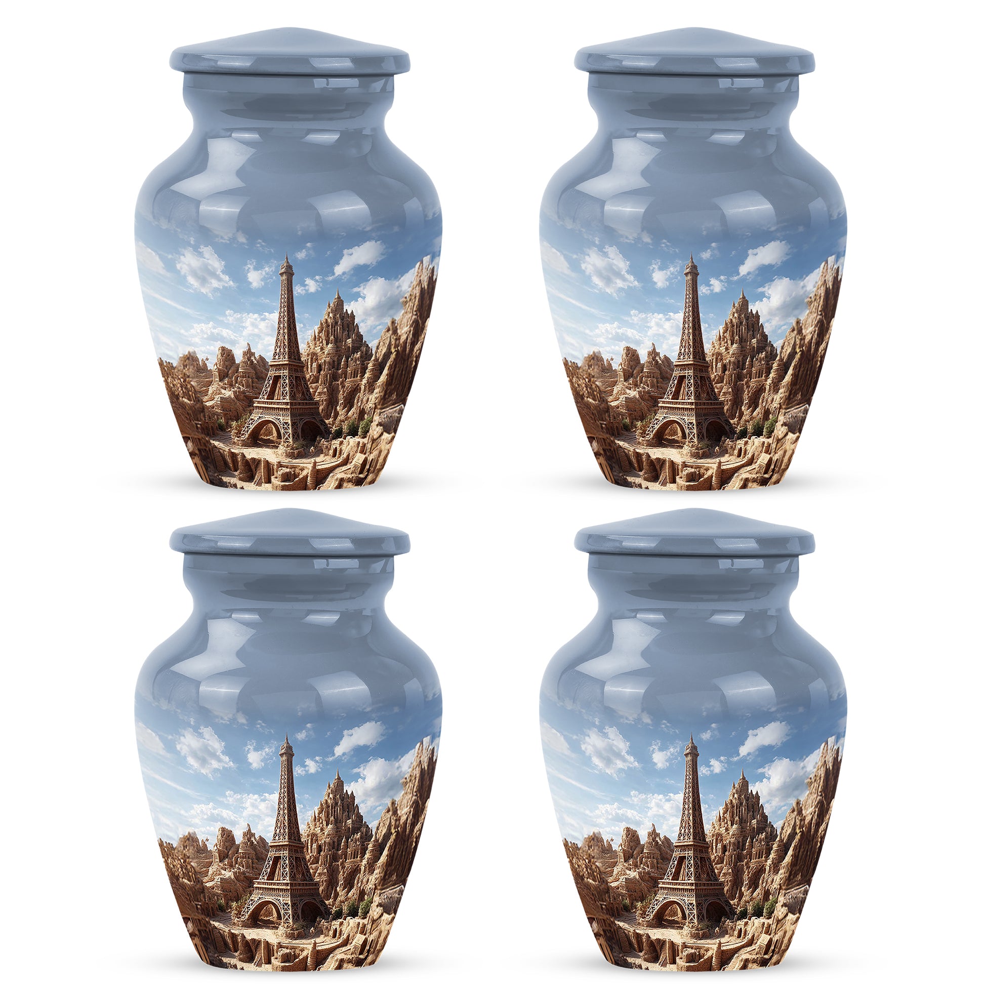 Soft Blue Eiffel Tower Cremation Urn side profile showing urn shape - elegant classic eiffel tower relief with fine detailing - 10 inch aluminum urn for cremated remains
