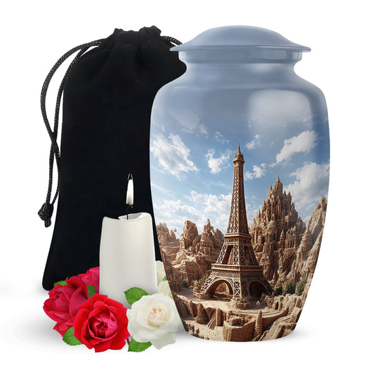 Royal Blue Eiffel Tower Cremation Urn angled view of lid and engraved motif - traditional eiffel tower engraving with hand-polished finish - full-size 10 inch 200 cubic inch adult cremation urn