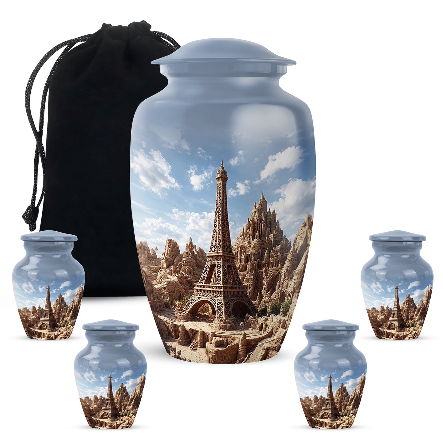 Cornflower Blue Eiffel Tower Cremation Urn top-down view of secure threaded lid - traditional eiffel tower engraving with hand-polished finish - memorial set with one large and four small urns