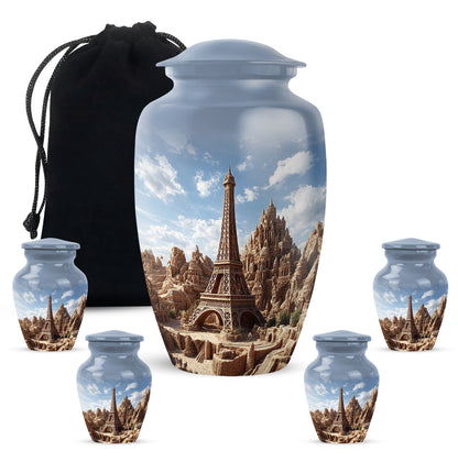 Cornflower Blue Eiffel Tower Cremation Urn top-down view of secure threaded lid - traditional eiffel tower engraving with hand-polished finish - memorial set with one large and four small urns