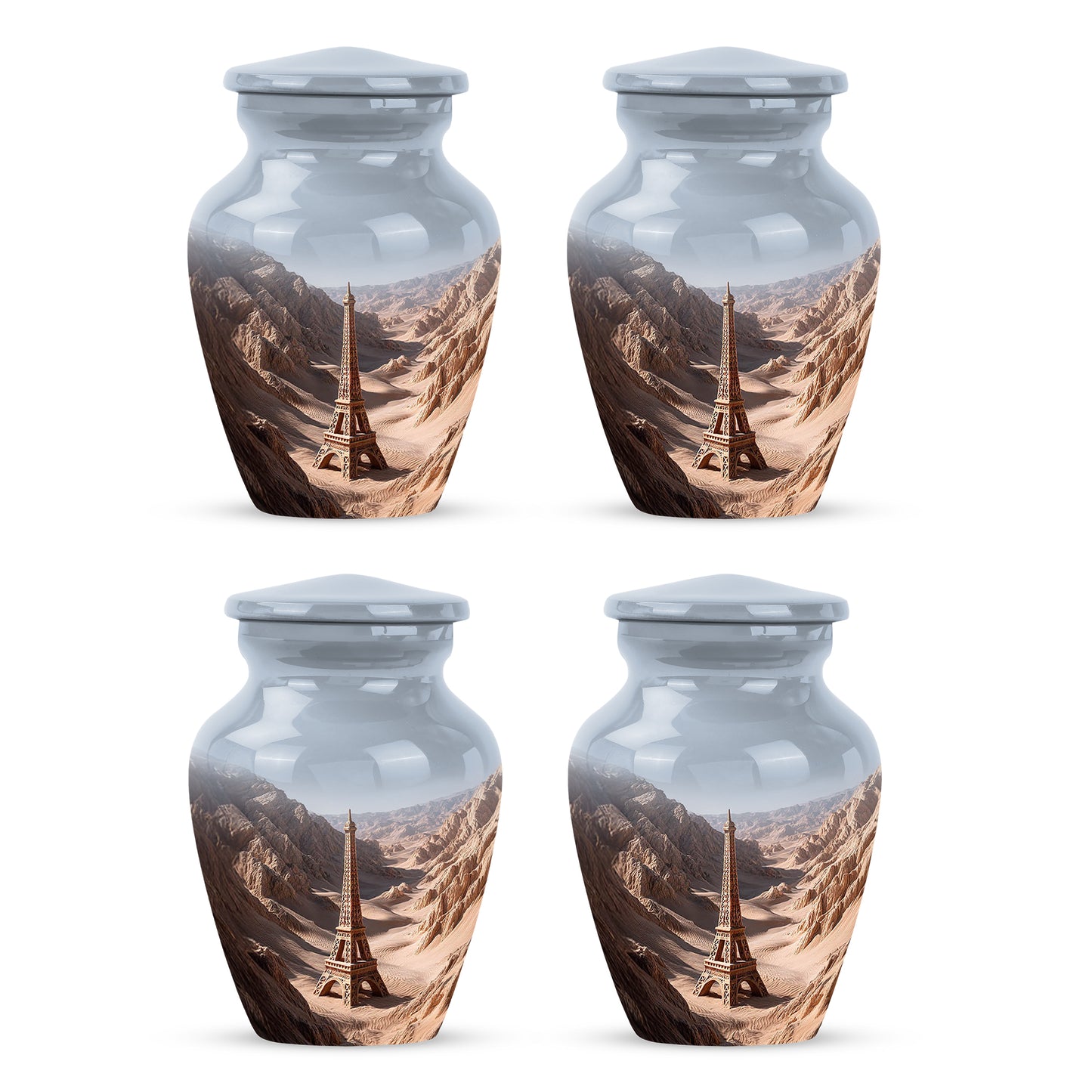 Platinum Silver Eiffel Tower Cremation Urn side profile showing urn shape - timeless eiffel tower motif etched into premium metal - 10 inch aluminum urn for cremated remains