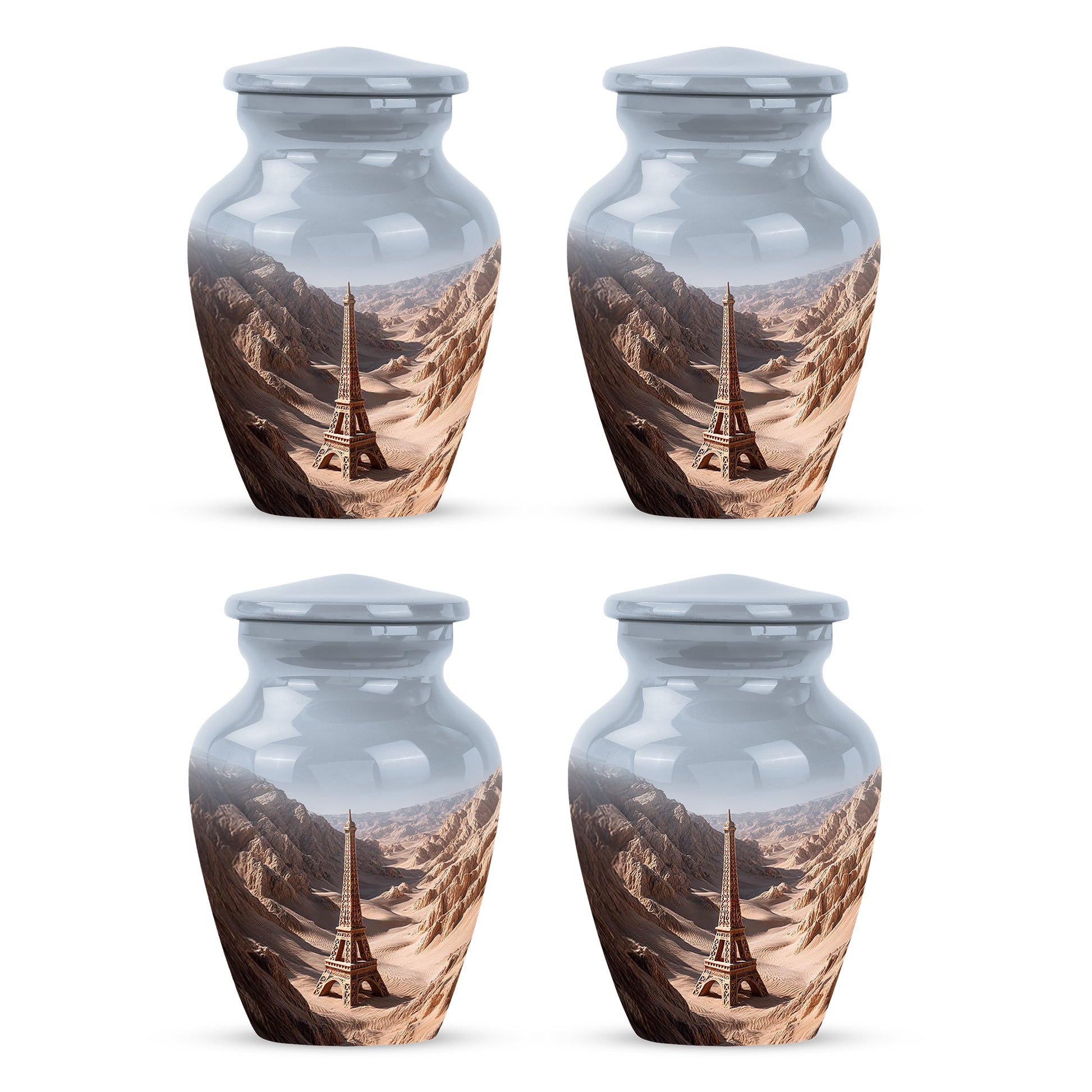 Platinum Silver Eiffel Tower Cremation Urn side profile showing urn shape - timeless eiffel tower motif etched into premium metal - 10 inch aluminum urn for cremated remains