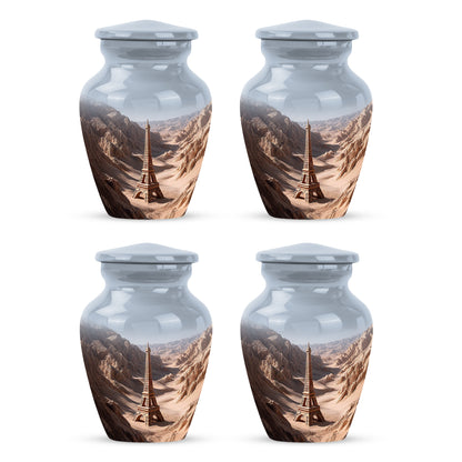 Platinum Silver Eiffel Tower Cremation Urn side profile showing urn shape - timeless eiffel tower motif etched into premium metal - 10 inch aluminum urn for cremated remains