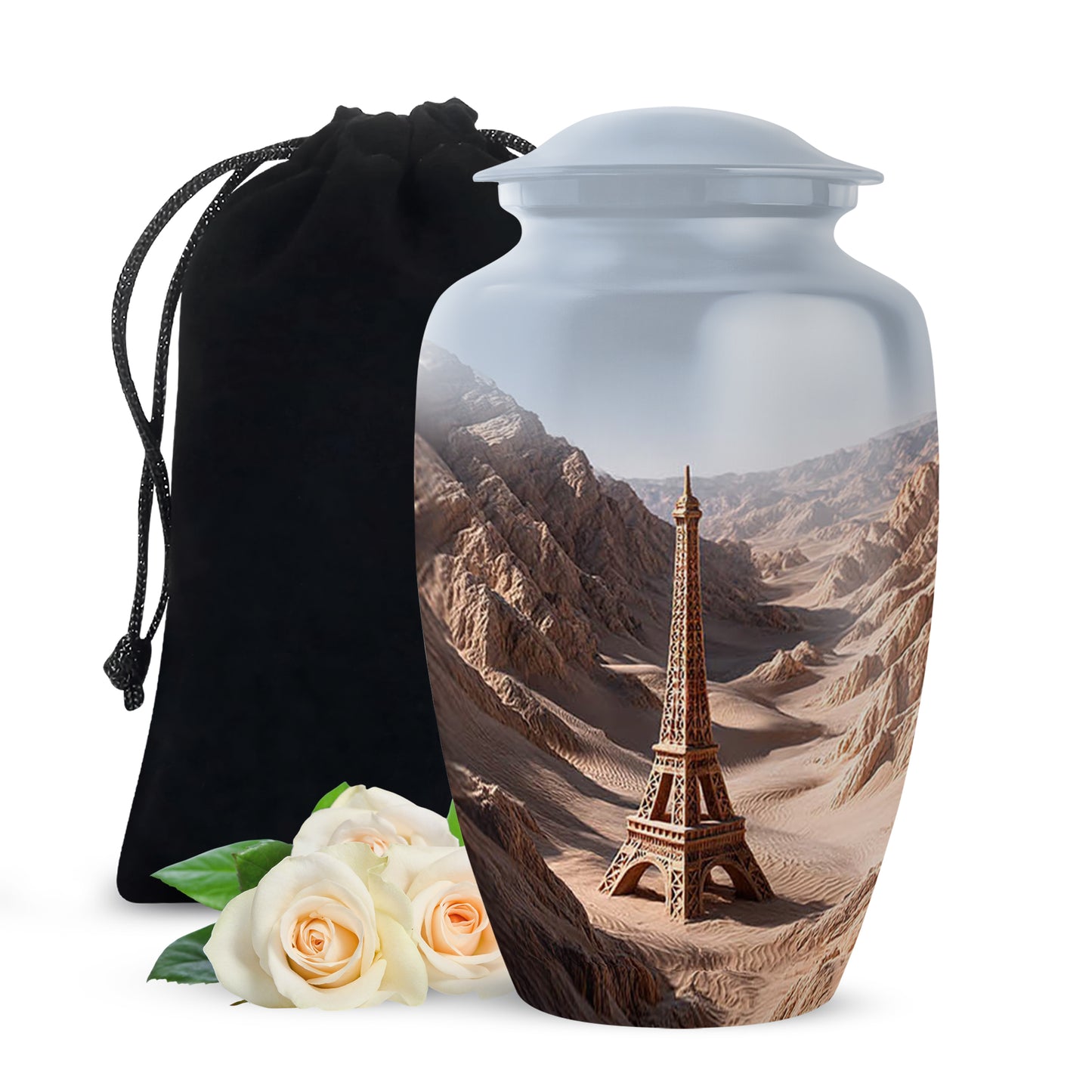 Satin Silver Eiffel Tower Cremation Urn angled view of lid and engraved motif - classic sculpted eiffel tower pattern on smooth aluminum - full-size 10 inch 200 cubic inch adult cremation urn