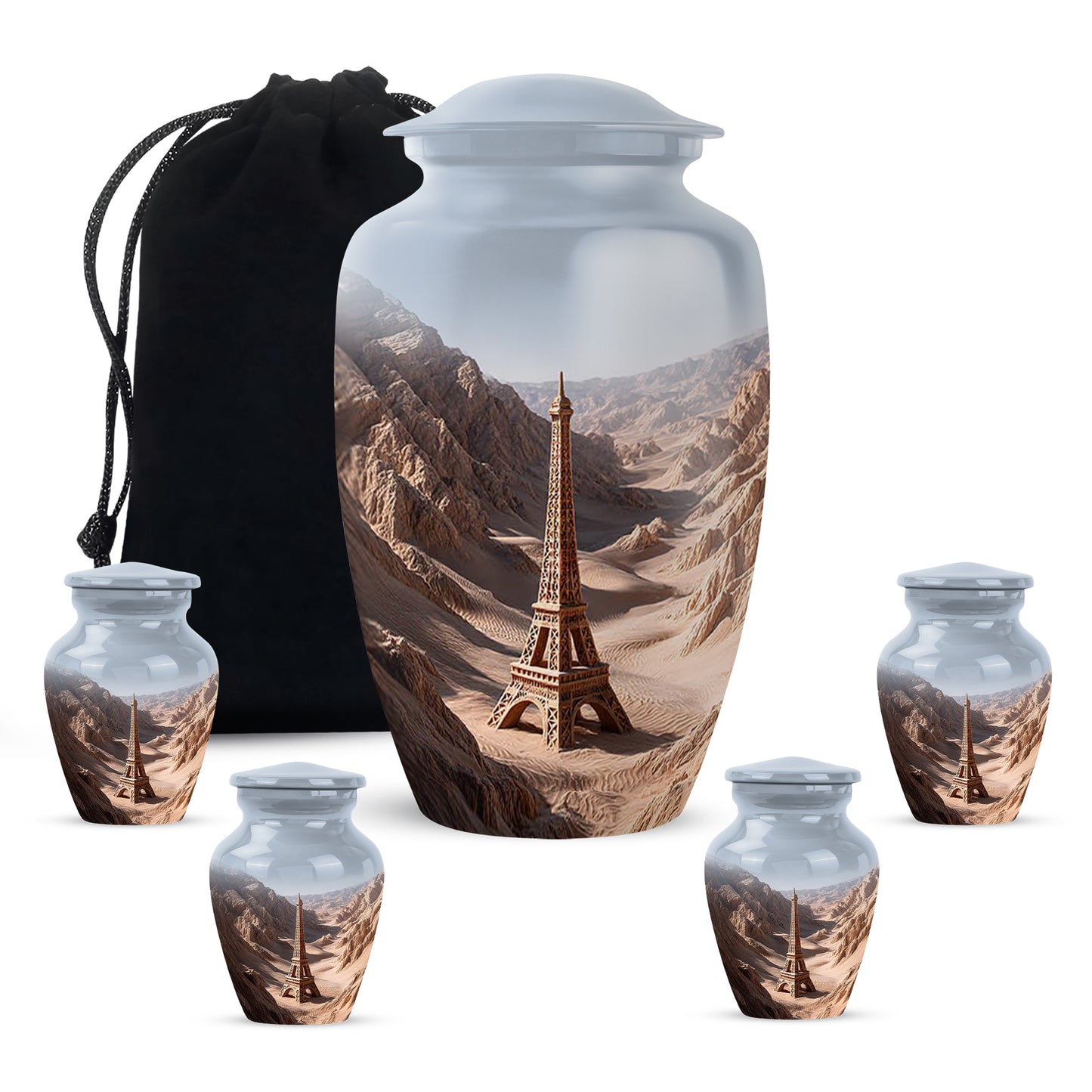 Moonlight Silver Eiffel Tower Cremation Urn top-down view of secure threaded lid - elegant classic eiffel tower relief with fine detailing - memorial set with one large and four small urns