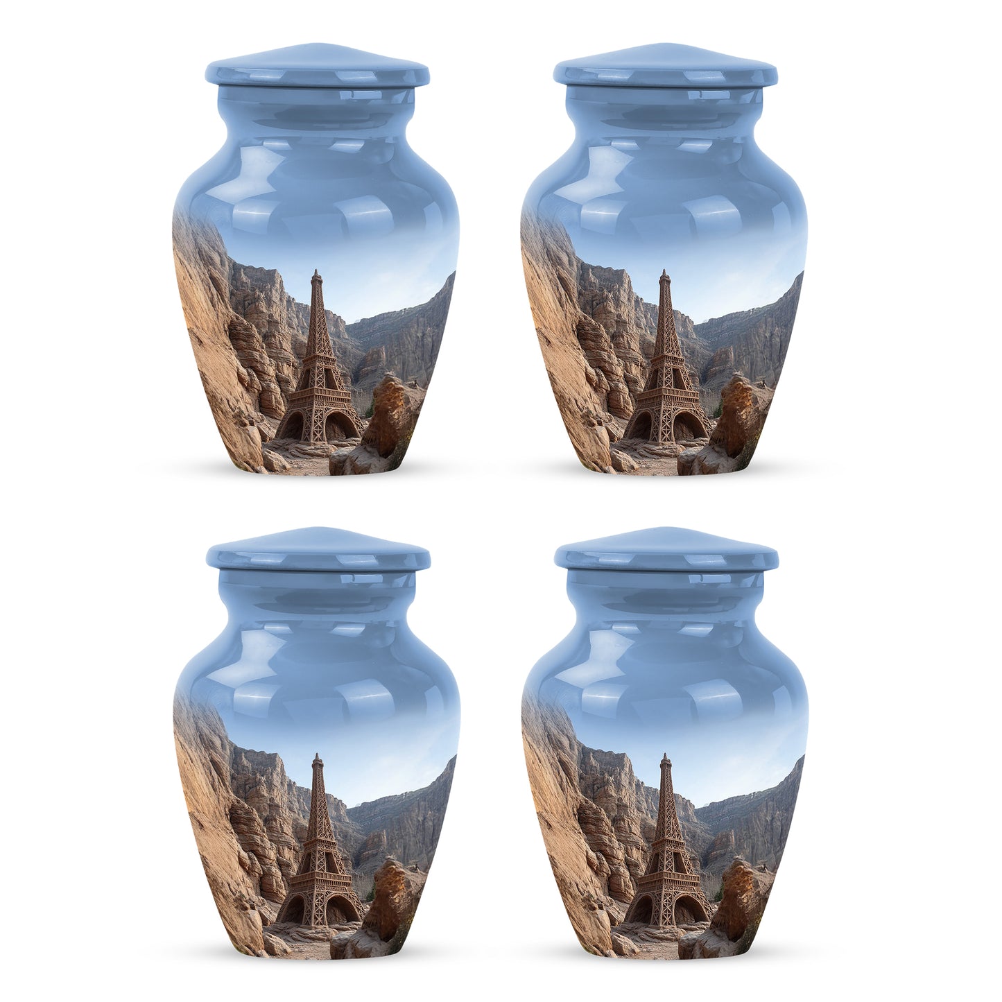 Azure Eiffel Tower Cremation Urn side profile showing urn shape - timeless eiffel tower motif etched into premium metal - 10 inch aluminum urn for cremated remains