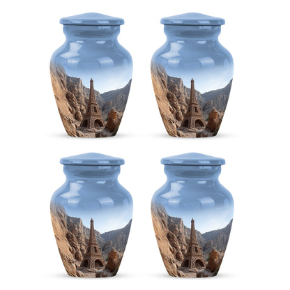 Azure Eiffel Tower Cremation Urn side profile showing urn shape - timeless eiffel tower motif etched into premium metal - 10 inch aluminum urn for cremated remains