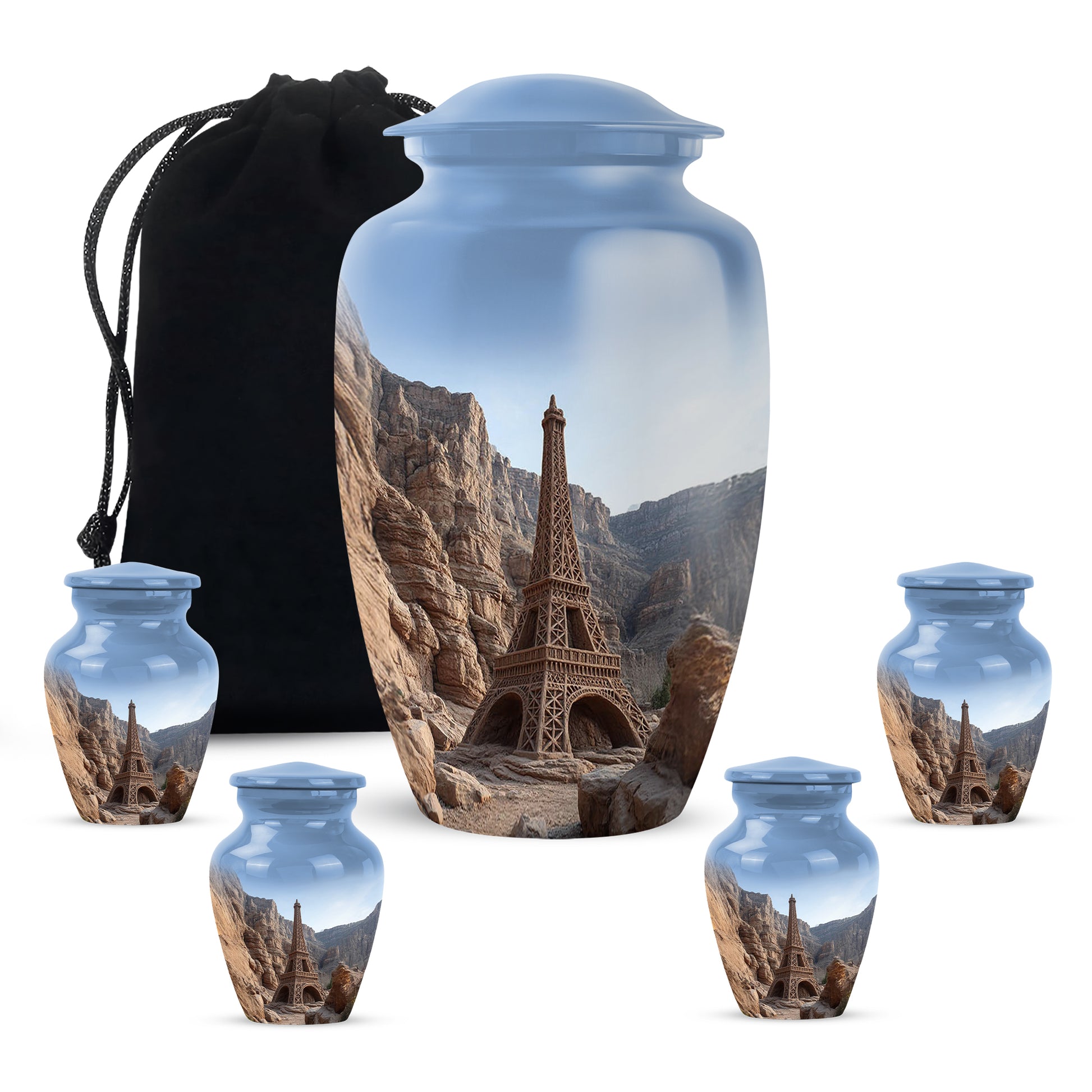 Celestial Blue Eiffel Tower Cremation Urn top-down view of secure threaded lid - timeless eiffel tower motif etched into premium metal - memorial set with one large and four small urns