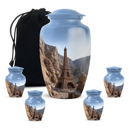 Celestial Blue Eiffel Tower Cremation Urn top-down view of secure threaded lid - timeless eiffel tower motif etched into premium metal - memorial set with one large and four small urns