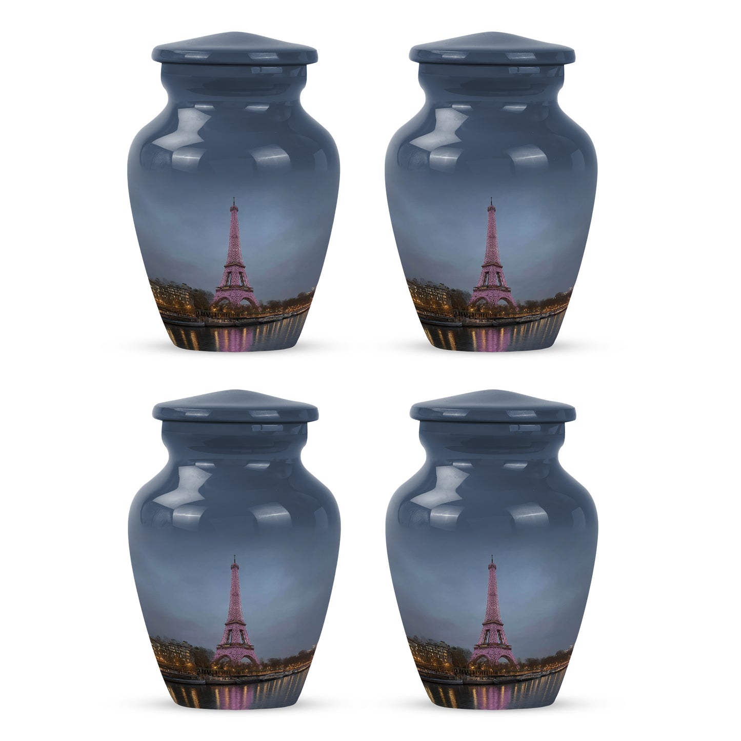 Royal Blue Eiffel Tower Cremation Urn side profile showing urn shape - elegant classic eiffel tower relief with fine detailing - 10 inch aluminum urn for cremated remains
