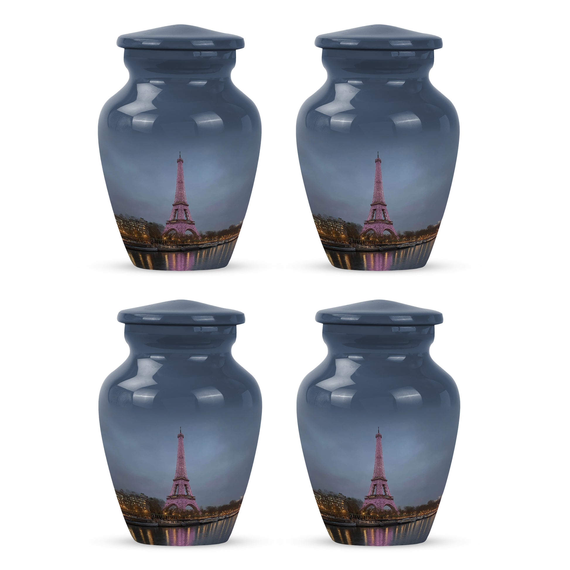 Royal Blue Eiffel Tower Cremation Urn side profile showing urn shape - elegant classic eiffel tower relief with fine detailing - 10 inch aluminum urn for cremated remains
