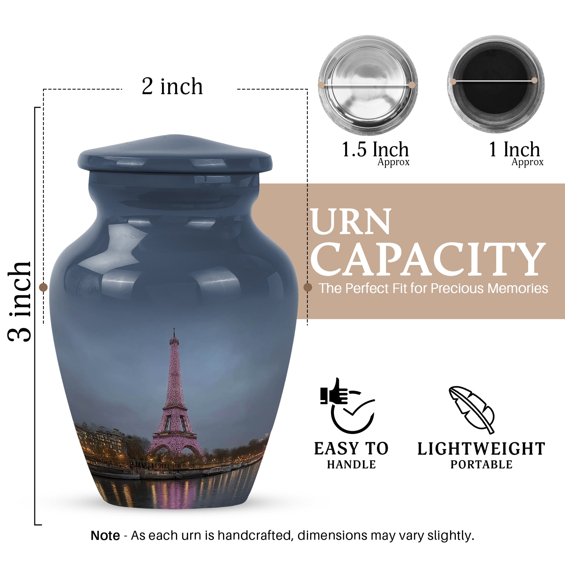 Serene Blue Eiffel Tower Cremation Urn close-up of engraving and surface detail - elegant classic eiffel tower relief with fine detailing - mini keepsake memorial for portion of cremation ashes