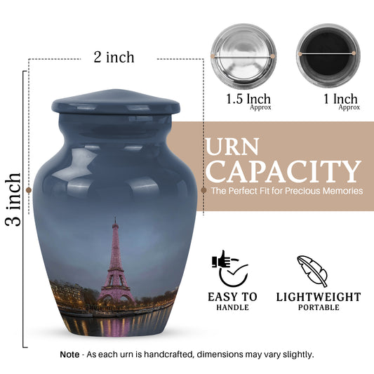 Serene Blue Eiffel Tower Cremation Urn close-up of engraving and surface detail - elegant classic eiffel tower relief with fine detailing - mini keepsake memorial for portion of cremation ashes