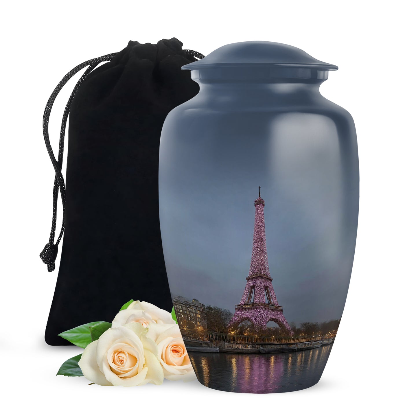 Icy Blue Eiffel Tower Cremation Urn angled view of lid and engraved motif - classic sculpted eiffel tower pattern on smooth aluminum - full-size 10 inch 200 cubic inch adult cremation urn