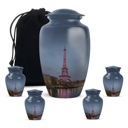 Cobalt Blue Eiffel Tower Cremation Urn top-down view of secure threaded lid - traditional eiffel tower engraving with hand-polished finish - memorial set with one large and four small urns