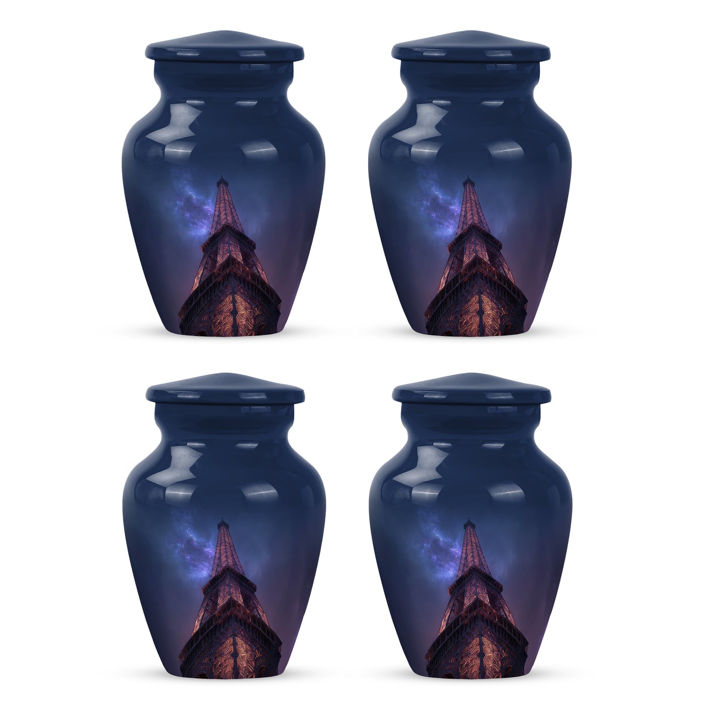 Pastel Blue Eiffel Tower Cremation Urn side profile showing urn shape - timeless eiffel tower motif etched into premium metal - 10 inch aluminum urn for cremated remains