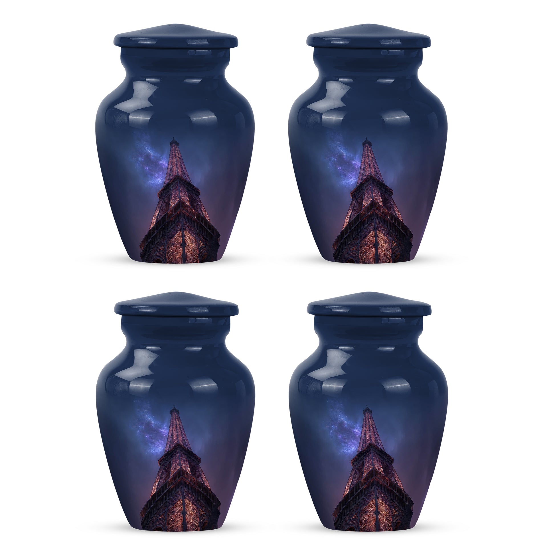 Pastel Blue Eiffel Tower Cremation Urn side profile showing urn shape - timeless eiffel tower motif etched into premium metal - 10 inch aluminum urn for cremated remains