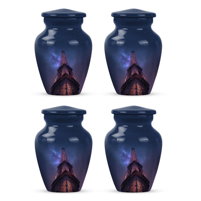Pastel Blue Eiffel Tower Cremation Urn side profile showing urn shape - timeless eiffel tower motif etched into premium metal - 10 inch aluminum urn for cremated remains