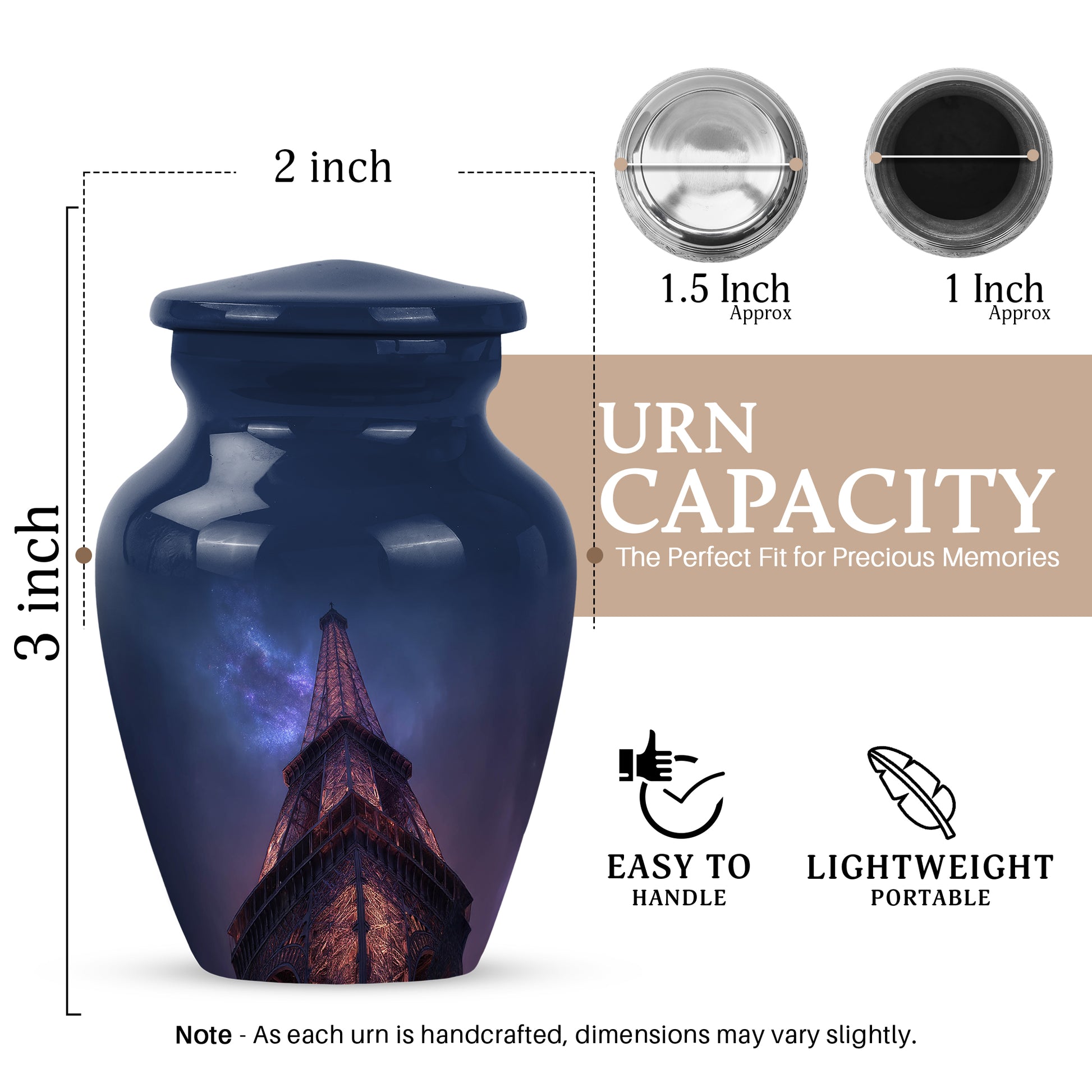 Twilight Blue Eiffel Tower Cremation Urn close-up of engraving and surface detail - elegant classic eiffel tower relief with fine detailing - mini keepsake memorial for portion of cremation ashes