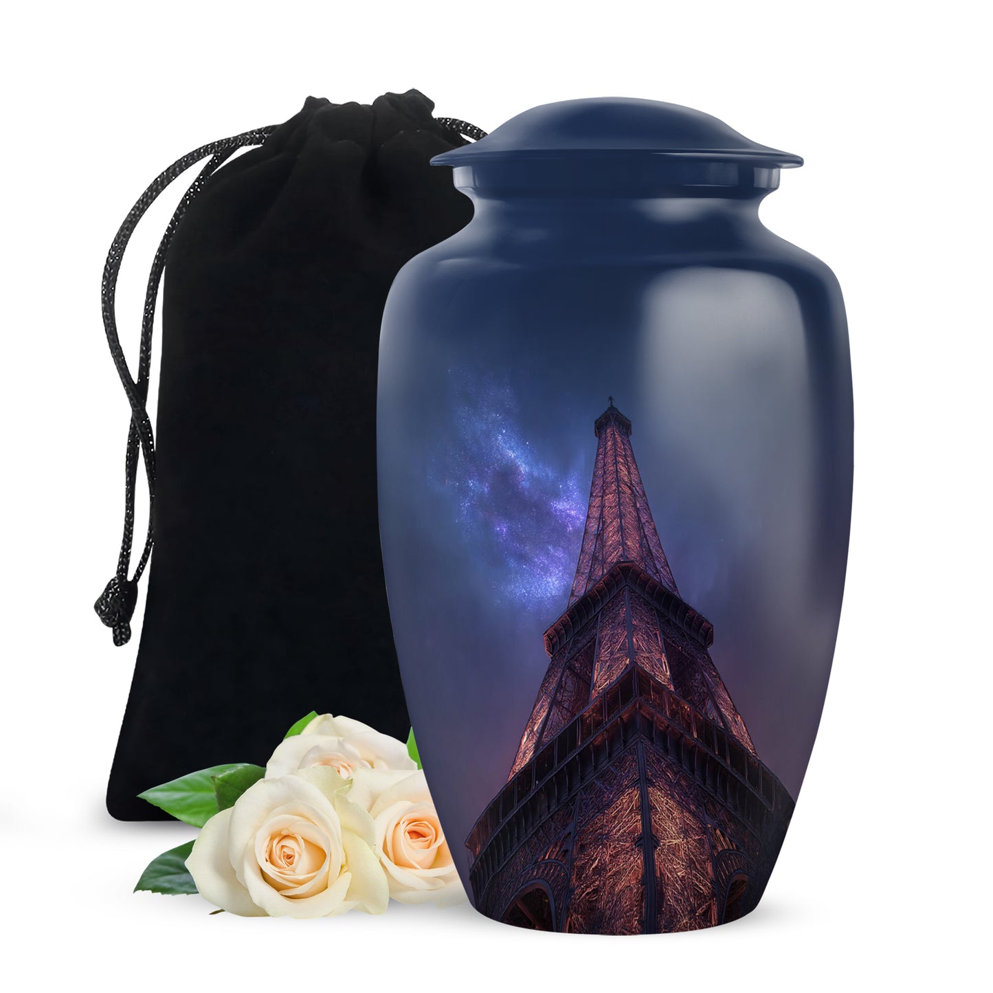 Sky Blue Eiffel Tower Cremation Urn angled view of lid and engraved motif - classic sculpted eiffel tower pattern on smooth aluminum - full-size 10 inch 200 cubic inch adult cremation urn