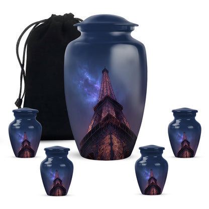 Icy Blue Eiffel Tower Cremation Urn top-down view of secure threaded lid - classic sculpted eiffel tower pattern on smooth aluminum - memorial set with one large and four small urns