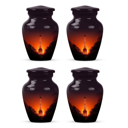 Coral Pink Eiffel Tower Cremation Urn side profile showing urn shape - classic sculpted eiffel tower pattern on smooth aluminum - 10 inch aluminum urn for cremated remains