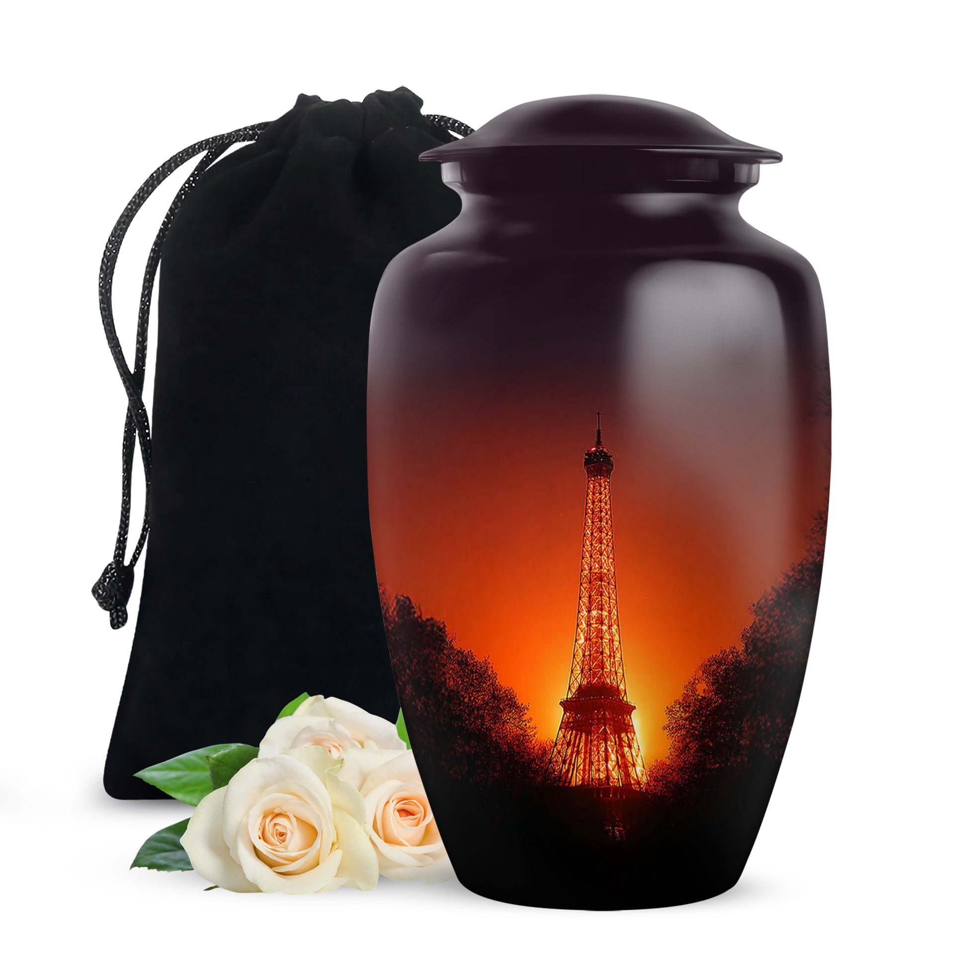 Rose Pink Eiffel Tower Cremation Urn angled view of lid and engraved motif - classic sculpted eiffel tower pattern on smooth aluminum - full-size 10 inch 200 cubic inch adult cremation urn