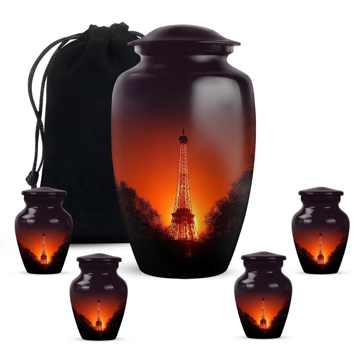 Blush Pink Eiffel Tower Cremation Urn top-down view of secure threaded lid - timeless eiffel tower motif etched into premium metal - memorial set with one large and four small urns