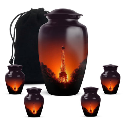 Blush Pink Eiffel Tower Cremation Urn top-down view of secure threaded lid - timeless eiffel tower motif etched into premium metal - memorial set with one large and four small urns