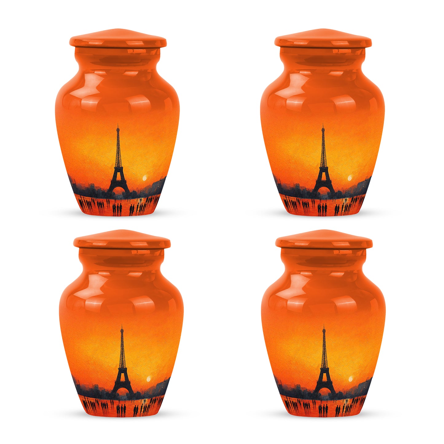 Champagne Gold Eiffel Tower Cremation Urn side profile showing urn shape - classic sculpted eiffel tower pattern on smooth aluminum - 10 inch aluminum urn for cremated remains