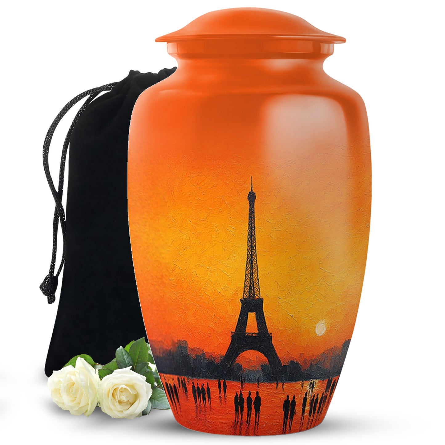 Burnished Gold Eiffel Tower Cremation Urn angled view of lid and engraved motif - traditional eiffel tower engraving with hand-polished finish - full-size 10 inch 200 cubic inch adult cremation urn