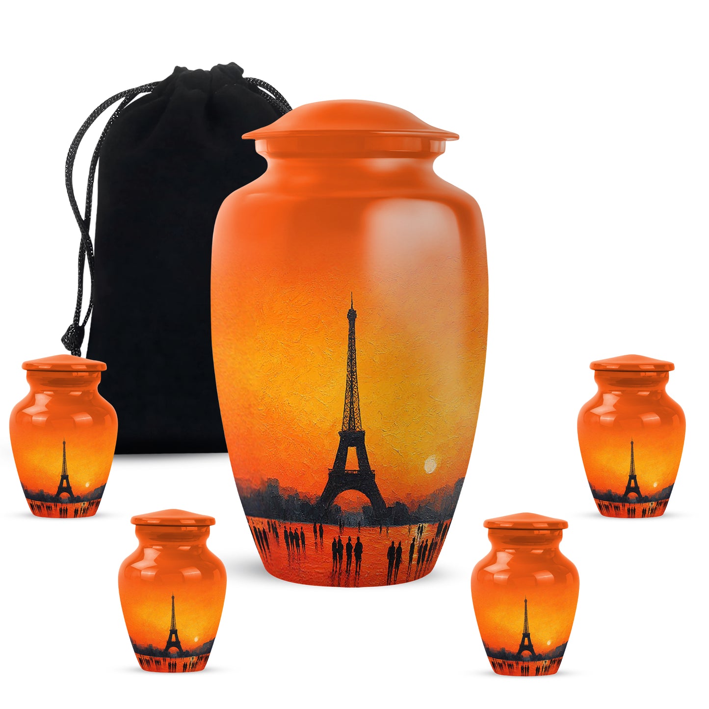Harvest Gold Eiffel Tower Cremation Urn top-down view of secure threaded lid - elegant classic eiffel tower relief with fine detailing - memorial set with one large and four small urns