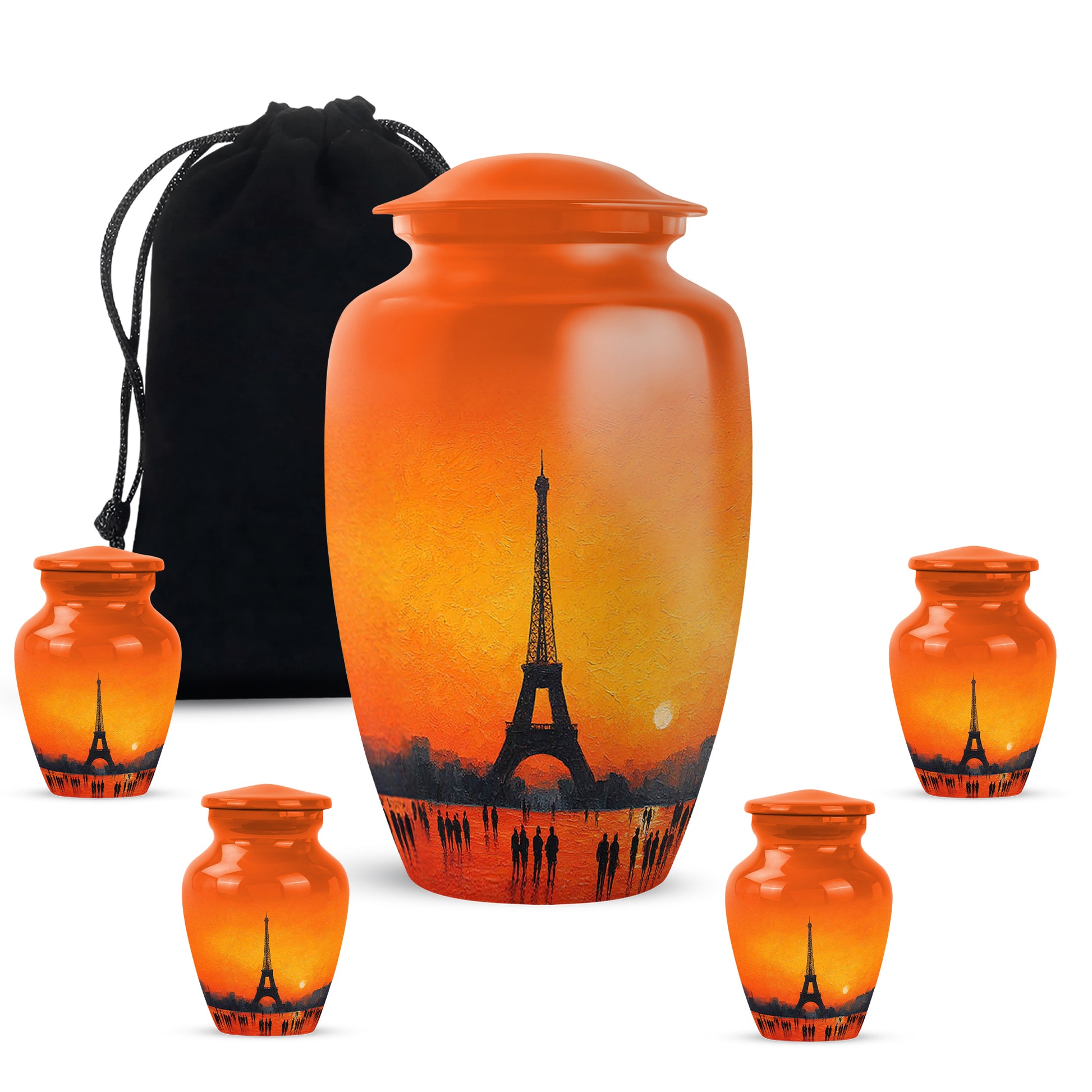 Harvest Gold Eiffel Tower Cremation Urn top-down view of secure threaded lid - elegant classic eiffel tower relief with fine detailing - memorial set with one large and four small urns