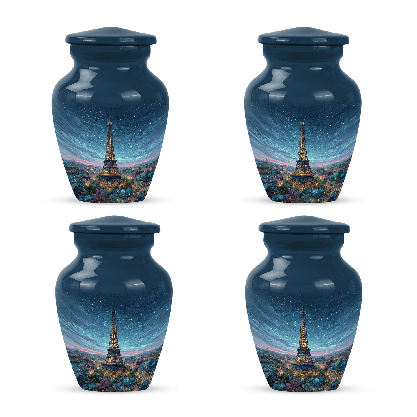 Bright Blue Eiffel Tower Cremation Urn side profile showing urn shape - elegant classic eiffel tower relief with fine detailing - 10 inch aluminum urn for cremated remains