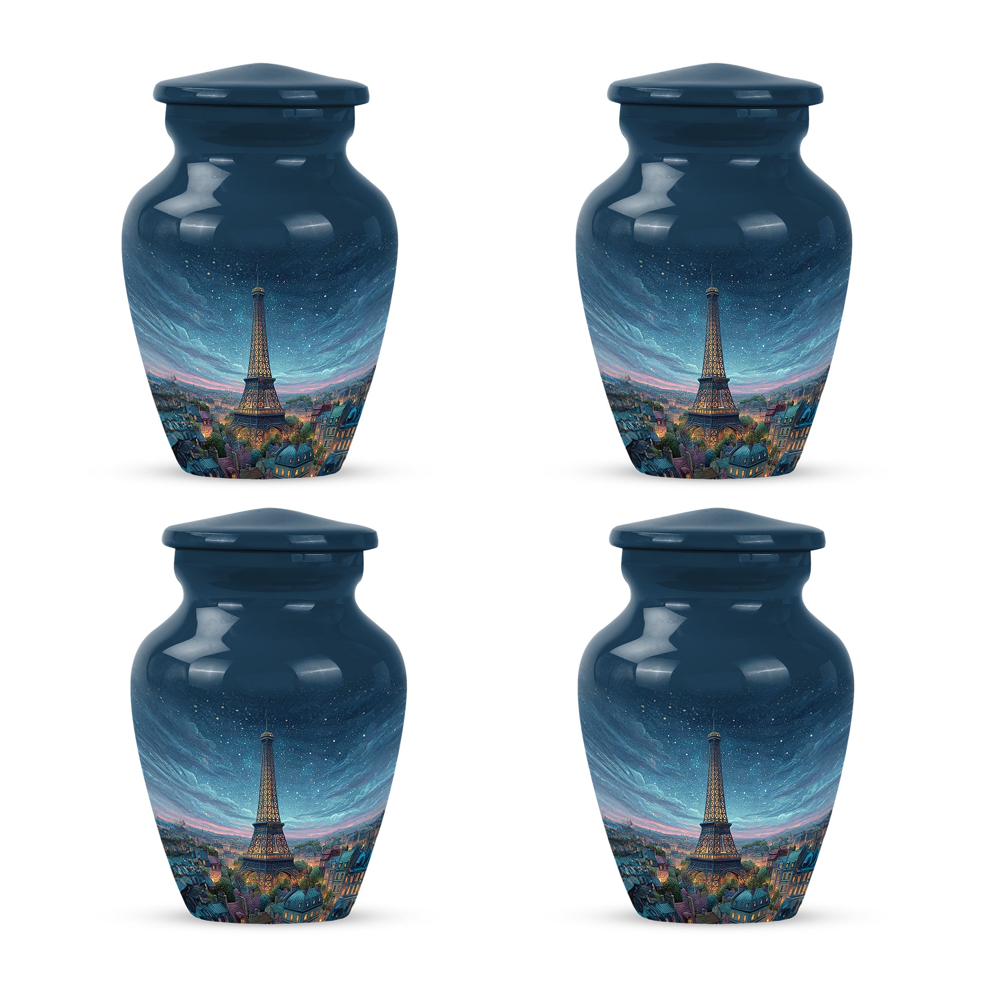 Bright Blue Eiffel Tower Cremation Urn side profile showing urn shape - elegant classic eiffel tower relief with fine detailing - 10 inch aluminum urn for cremated remains