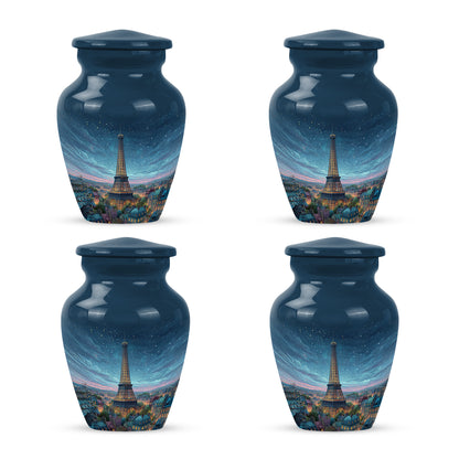 Bright Blue Eiffel Tower Cremation Urn side profile showing urn shape - elegant classic eiffel tower relief with fine detailing - 10 inch aluminum urn for cremated remains