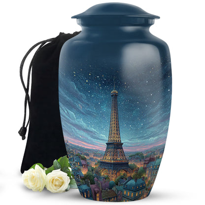 Powder Blue Eiffel Tower Cremation Urn angled view of lid and engraved motif - timeless eiffel tower motif etched into premium metal - full-size 10 inch 200 cubic inch adult cremation urn