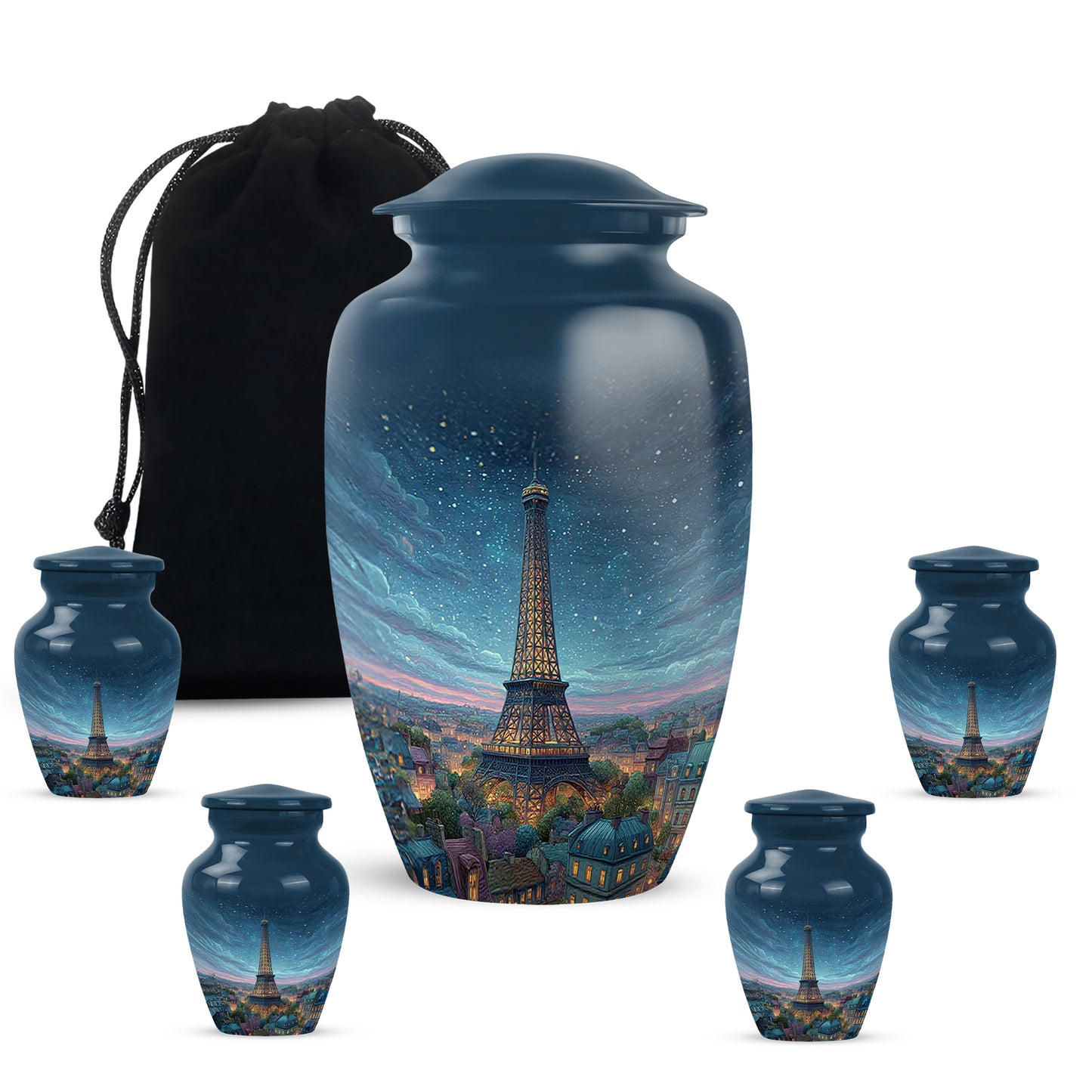 Cobalt Blue Eiffel Tower Cremation Urn top-down view of secure threaded lid - traditional eiffel tower engraving with hand-polished finish - memorial set with one large and four small urns