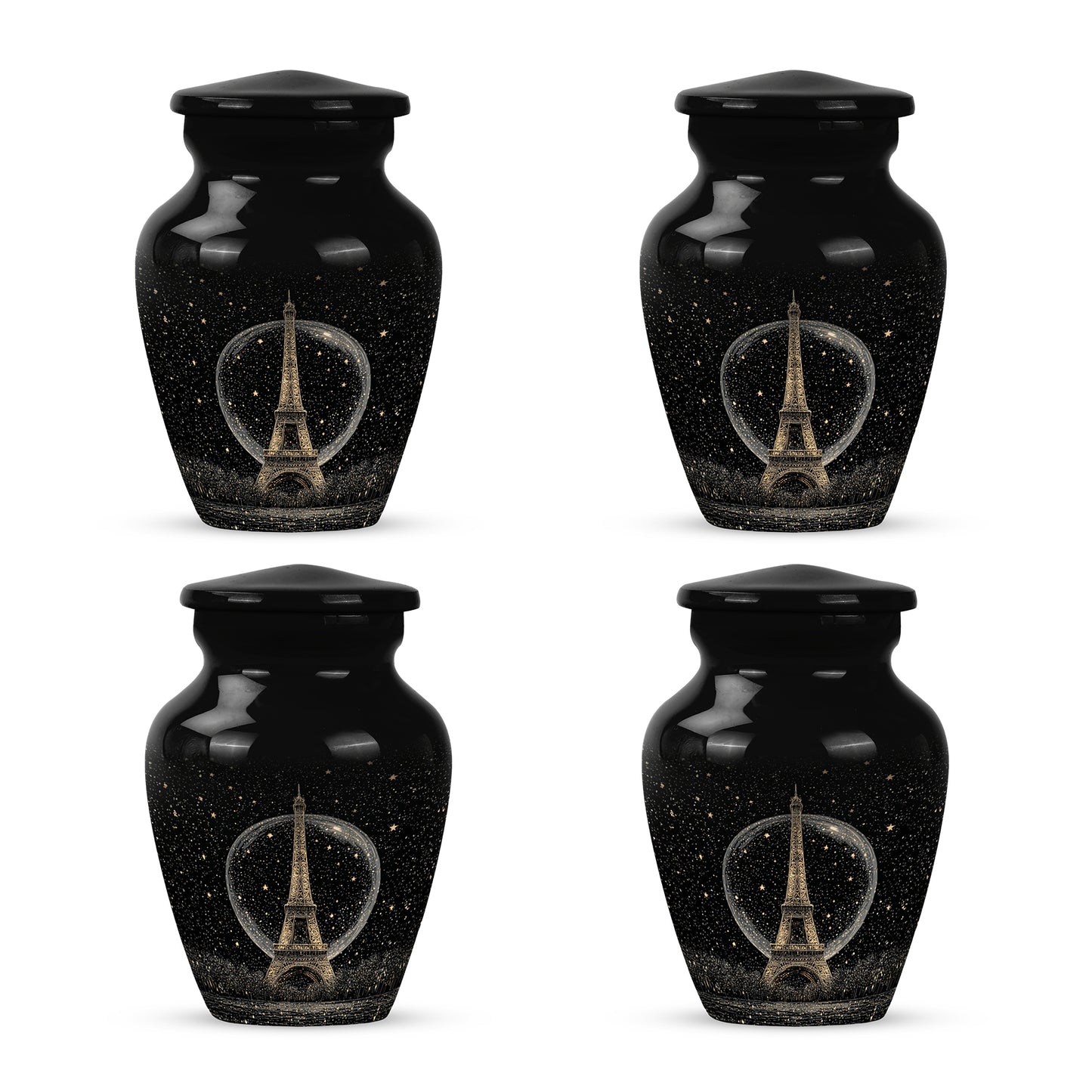 Midnight Black Eiffel Tower Cremation Urn side profile showing urn shape - elegant classic eiffel tower relief with fine detailing - 10 inch aluminum urn for cremated remains