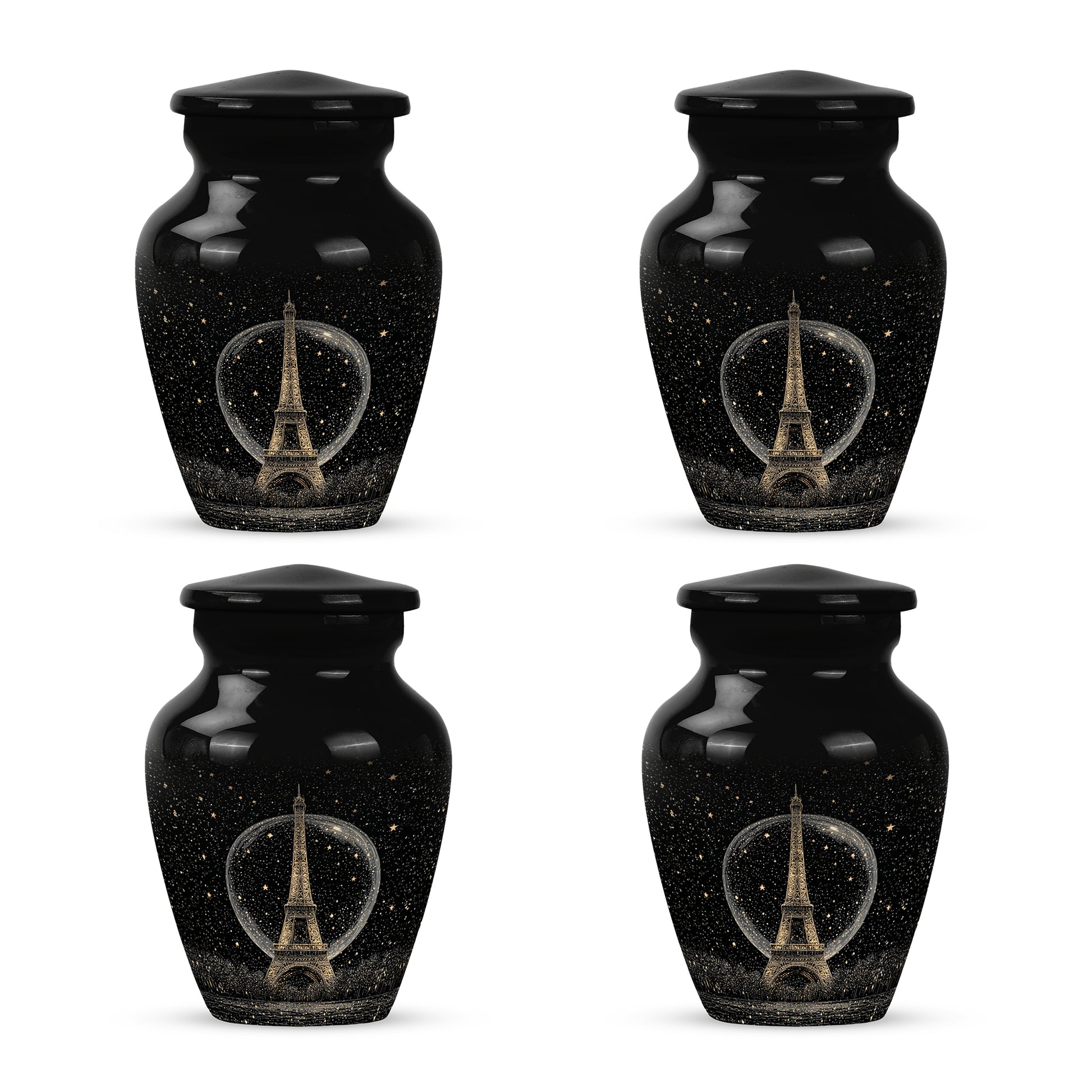 Midnight Black Eiffel Tower Cremation Urn side profile showing urn shape - elegant classic eiffel tower relief with fine detailing - 10 inch aluminum urn for cremated remains