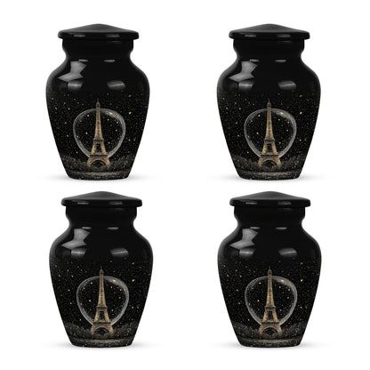 Midnight Black Eiffel Tower Cremation Urn side profile showing urn shape - elegant classic eiffel tower relief with fine detailing - 10 inch aluminum urn for cremated remains