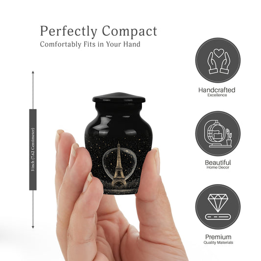 Deep Black Eiffel Tower Cremation Urn close-up of engraving and surface detail - timeless eiffel tower motif etched into premium metal - mini keepsake memorial for portion of cremation ashes