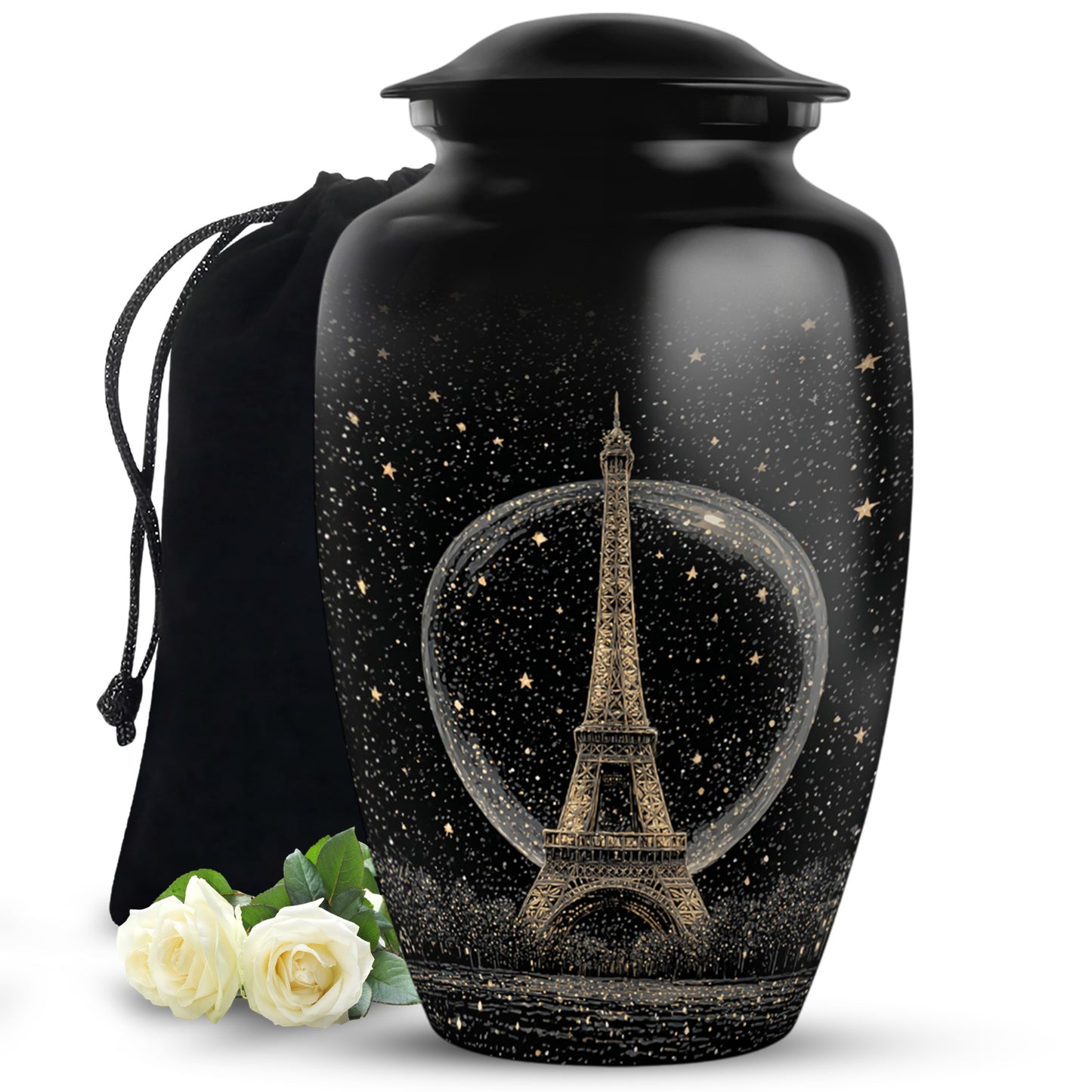 Rich Black Eiffel Tower Cremation Urn angled view of lid and engraved motif - classic sculpted eiffel tower pattern on smooth aluminum - full-size 10 inch 200 cubic inch adult cremation urn