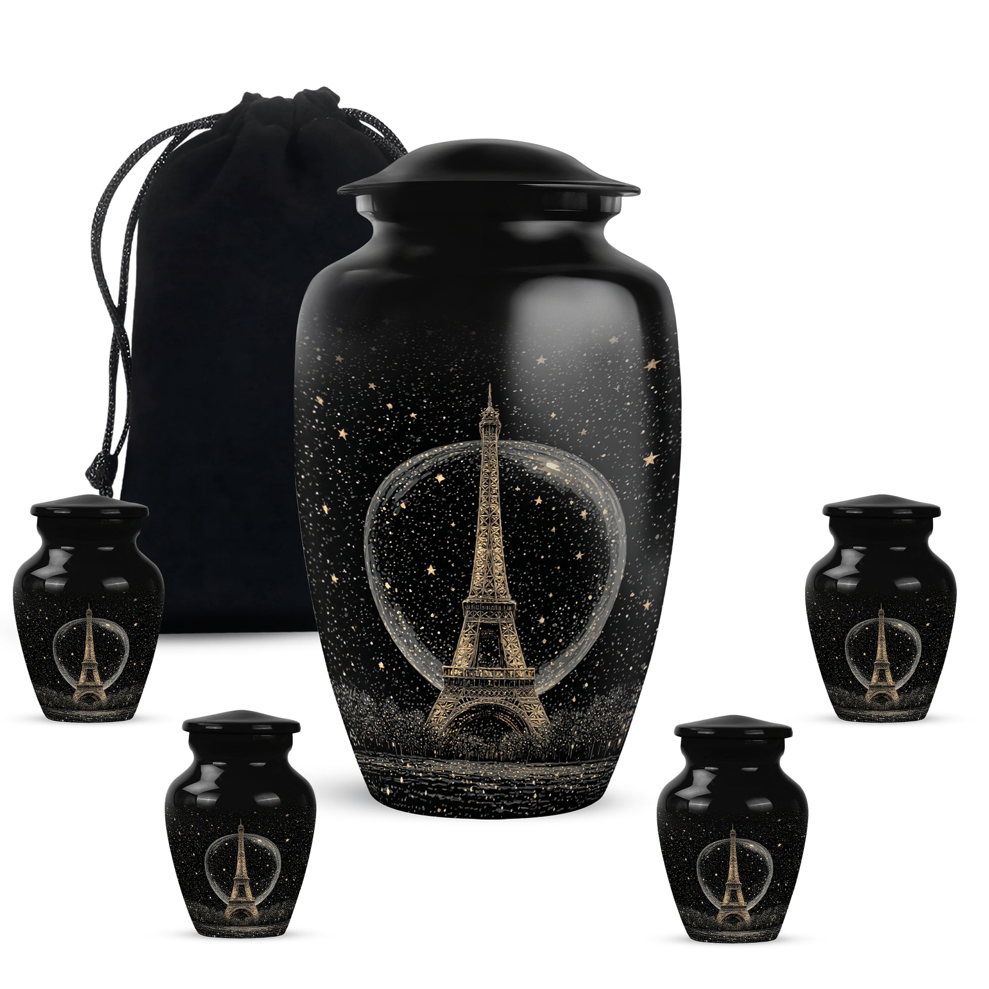 Dark Black Eiffel Tower Cremation Urn top-down view of secure threaded lid - traditional eiffel tower engraving with hand-polished finish - memorial set with one large and four small urns