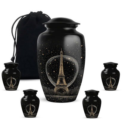 Dark Black Eiffel Tower Cremation Urn top-down view of secure threaded lid - traditional eiffel tower engraving with hand-polished finish - memorial set with one large and four small urns
