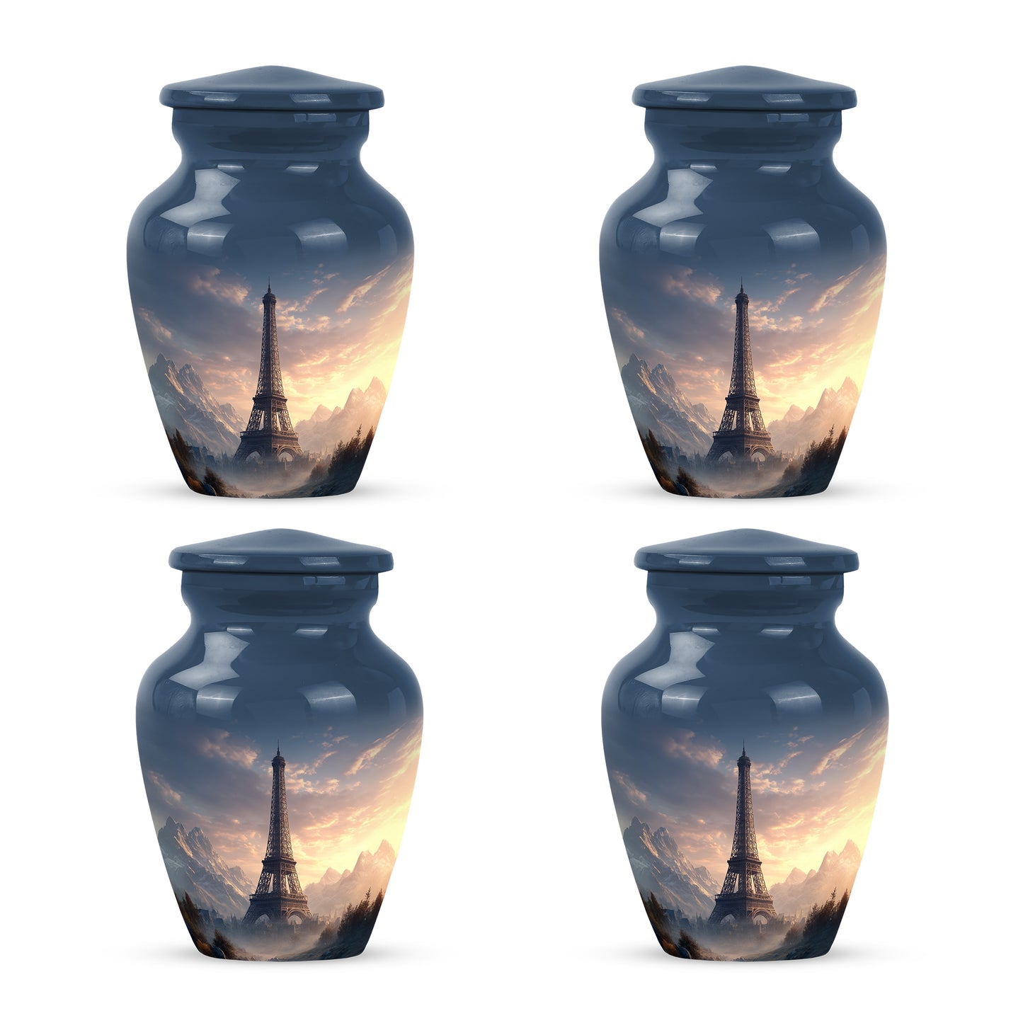 Dusty Blue Eiffel Tower Cremation Urn side profile showing urn shape - timeless eiffel tower motif etched into premium metal - 10 inch aluminum urn for cremated remains