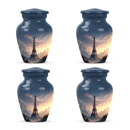 Dusty Blue Eiffel Tower Cremation Urn side profile showing urn shape - timeless eiffel tower motif etched into premium metal - 10 inch aluminum urn for cremated remains