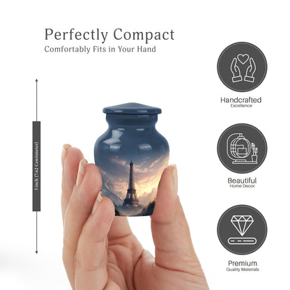 Navy Blue Eiffel Tower Cremation Urn close-up of engraving and surface detail - timeless eiffel tower motif etched into premium metal - mini keepsake memorial for portion of cremation ashes