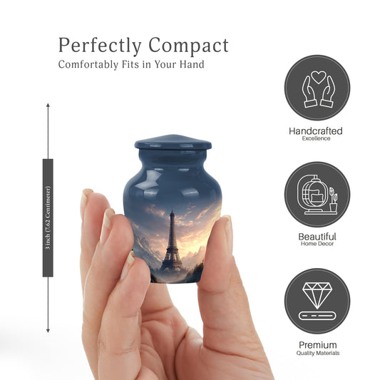 Navy Blue Eiffel Tower Cremation Urn close-up of engraving and surface detail - timeless eiffel tower motif etched into premium metal - mini keepsake memorial for portion of cremation ashes