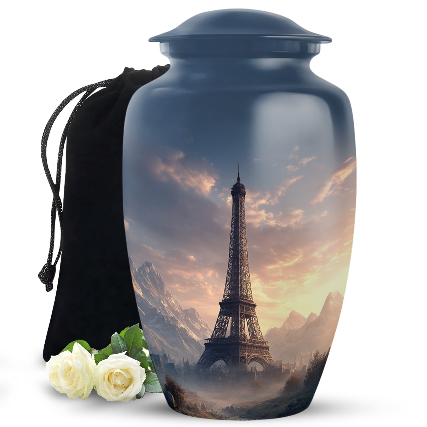 Serene Blue Eiffel Tower Cremation Urn angled view of lid and engraved motif - elegant classic eiffel tower relief with fine detailing - full-size 10 inch 200 cubic inch adult cremation urn
